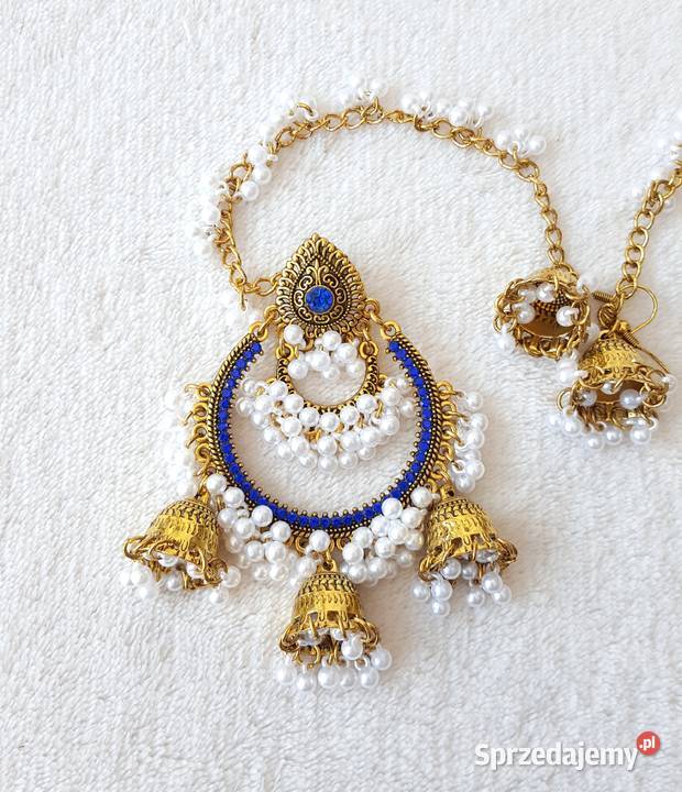 Duże długie kolczyki złoty kolor niebieskie