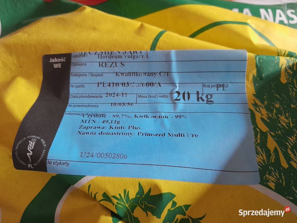 Kwalifikowane zboże owies jeczmien c1 Zboża Szarbsko sprzedam
