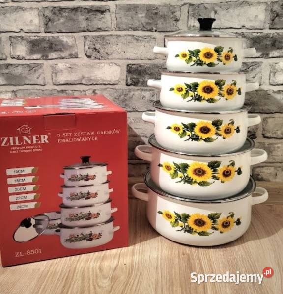 Zestaw garnków emaliowych w różnych wzorach i dolnośląskie Jelenia Góra