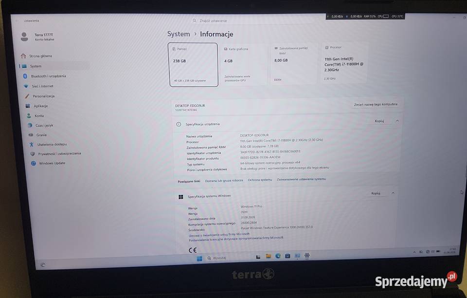 laptop Tetrra 1777T z procesorem i711800H USB 3.0  Pozostałe Laptopy i netbooki Opole
