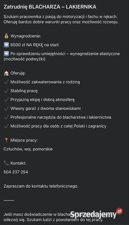 Zatrudnię BLACHARZA LAKIERNIKA NA START 6500 Człuchów