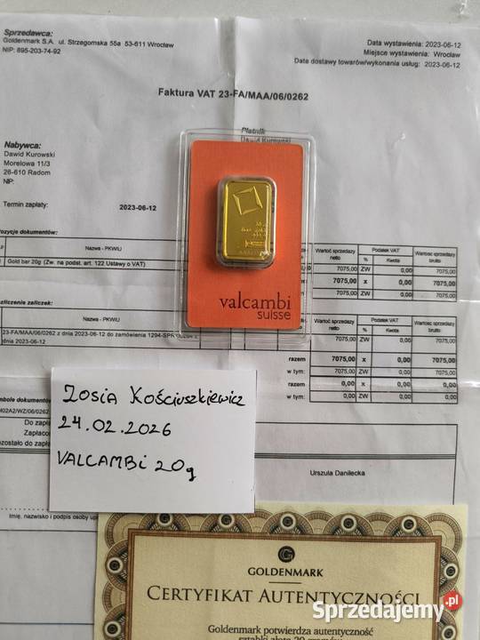 Sztabka złota 20 gramów sprzedam