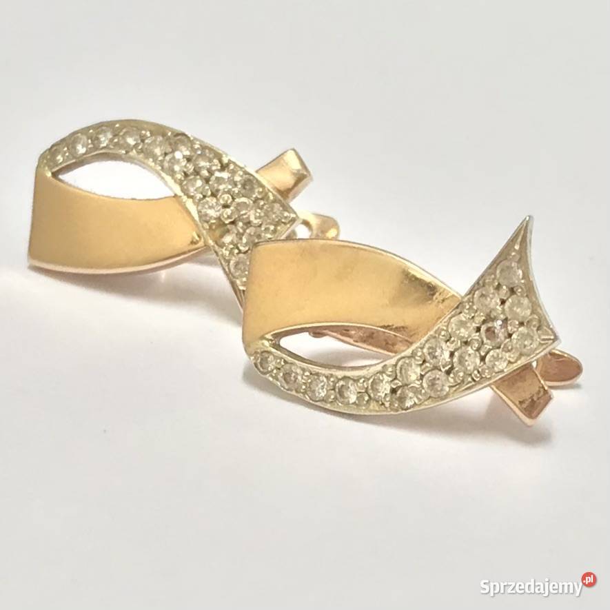 Złote kolczyki 585 14K z cyrkoniami model wstęga mazowieckie Warszawa