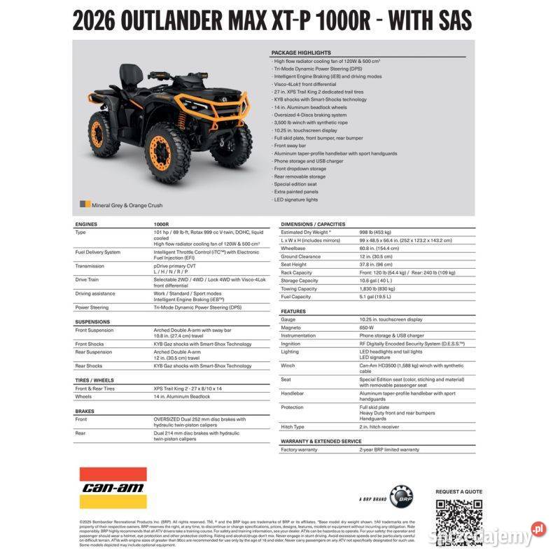 CanAm Outlander XTP SAS 1000R 4VTP 2026 Mineral Nowy Sącz