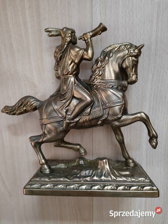 Figurka z mosiądzu Trębacz na koniu na podstawie Janów Lubelski