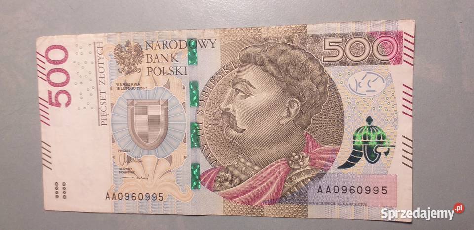 Banknoty 500 seria AA luty 2016 niski numer Tarnów