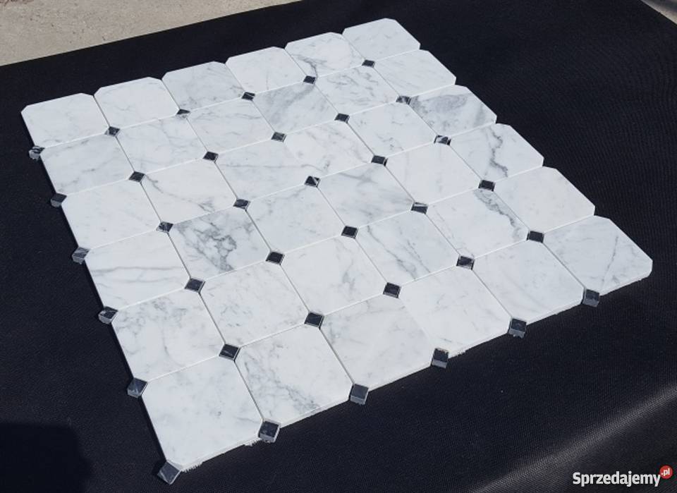 MOZAIKA BIANCO CARRARA OCTAGON DEKOR CZARNOBIAŁA Budownictwo i akcesoria Bielawa