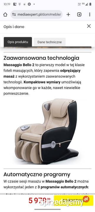 Fotel masujący MASSAGGIO Bello 2 Czarnobeżowy sprzedam