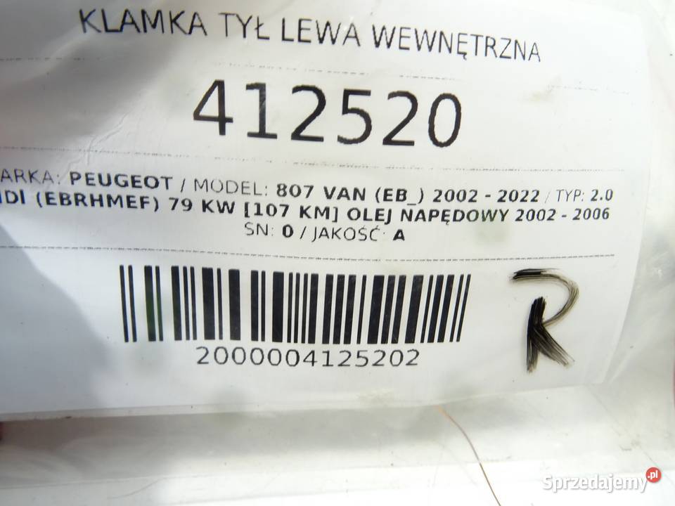 KLAMKA TYŁ LEWA WEWNĘTRZNA PEUGEOT 807 sprzedam
