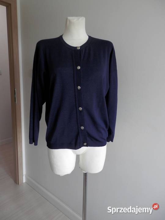 Sweter Kardigan Wełniany 100 Wełna Granatowy Łomża
