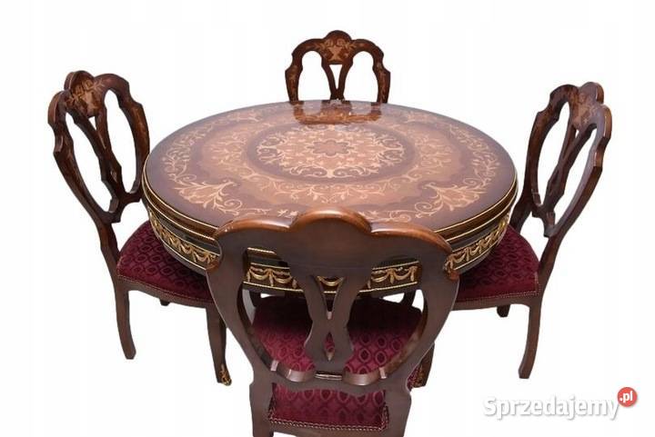 Okrągły Stół 4 Krzesła Intarsje Styl Ludwikowski Kraków