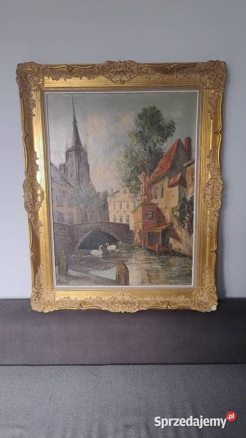 Stary obraz olej na płótnie w złotej ramie Iwonicz-Zdrój