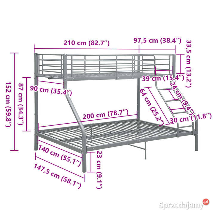 Rama łóżka piętrowego szara metalowa 140x200 mazowieckie Warszawa
