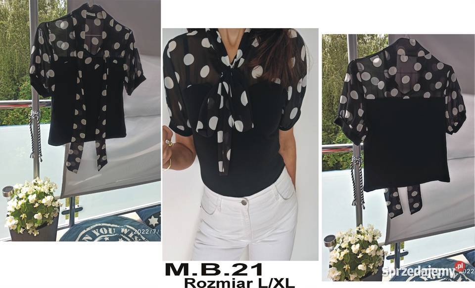 Letnia elegancka czarna bluzka w białe kropki Radzyń Podlaski