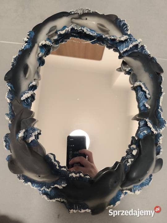 Okrągłe lustro w ramie z delfinami i falami 3D