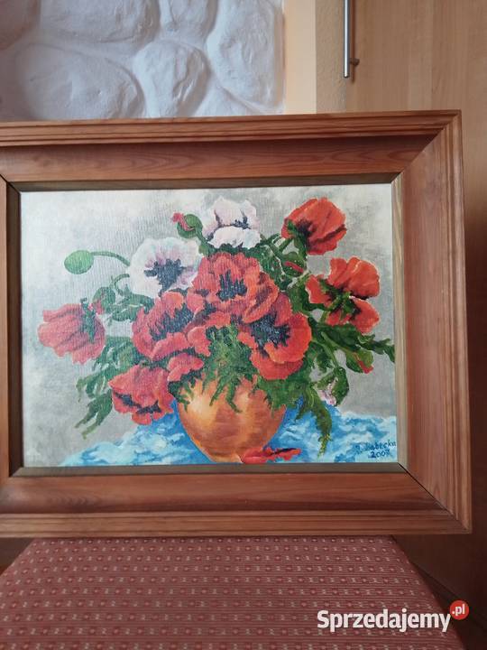 Śliczny obraz z buketem maków w drewnianej ramie śląskie