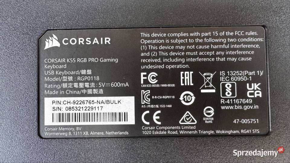 Klawiatura Corsair K55 RBG Tanio Pszów Rybnik Corsair śląskie