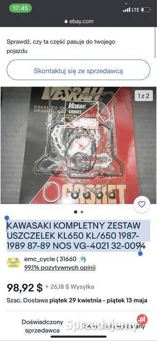 Kawasaki Kompletny Zestaw Uszczelek KL650 KL650 wielkopolskie Poznań