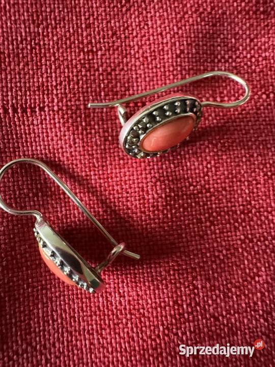 Kolczyki srebrne z markazytami z koralem Częstochowa