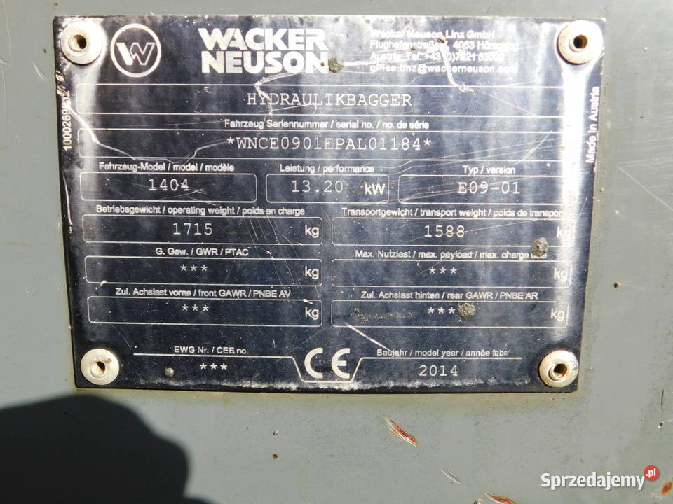 mini koparka Wacker Neuson 1404 waga 17t 2014 Rok produkcji 2014 Kraków