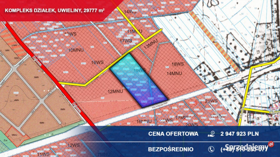 Kompleks 21 działek budowlanych 3ha Uwieliny gm sprzedam