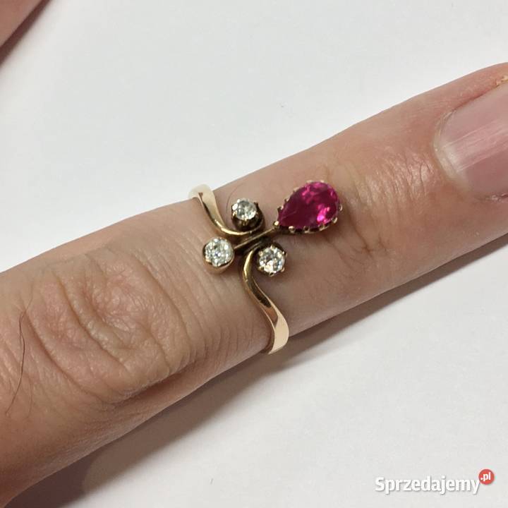 Złoty PIERŚCIONEK 585 14K Art Dco RUBIN i mazowieckie