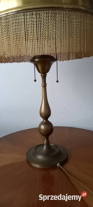 Duża mosiężna lampa gabinetowa klosz z frędzlami Skierniewice