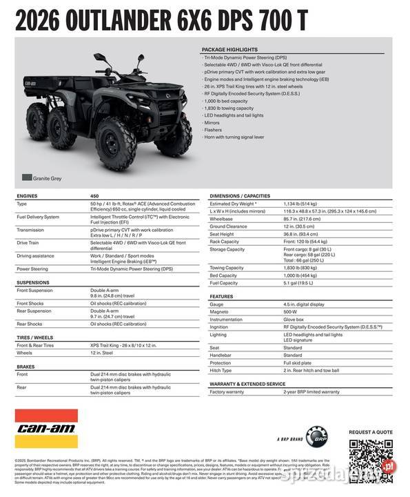 Quad CanAm Outlander 6x6 DPS T 700 T3b 2ETD 2026 Nowy Sącz