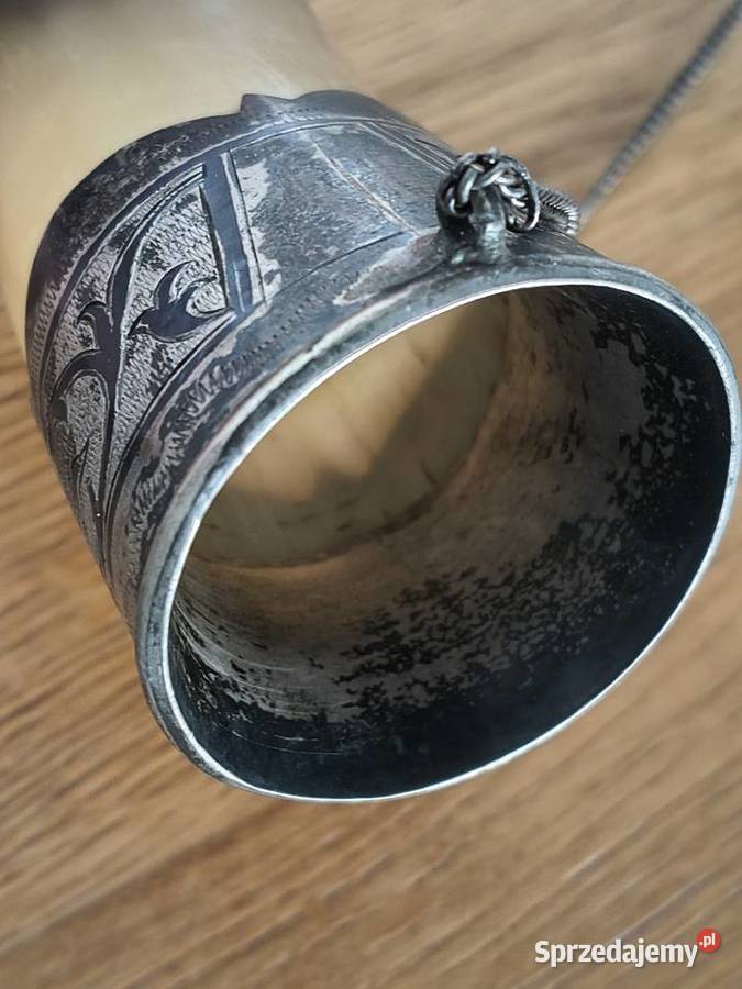 Róg obfitości bawoli niello okuty w srebro Ag Szczecin