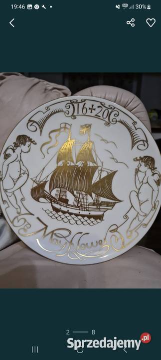Porcelanowy talerz statek złote aniołki
