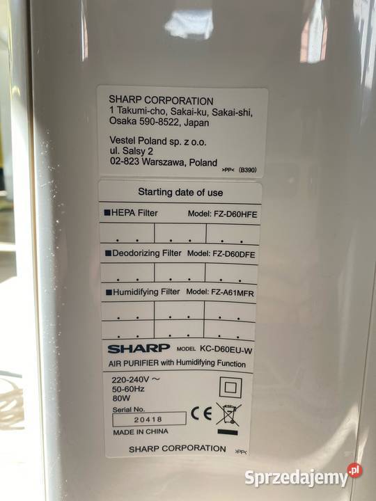 Oczyszczacz powietrza SHARP KCD60EUW Filtr HEPA Gdańsk