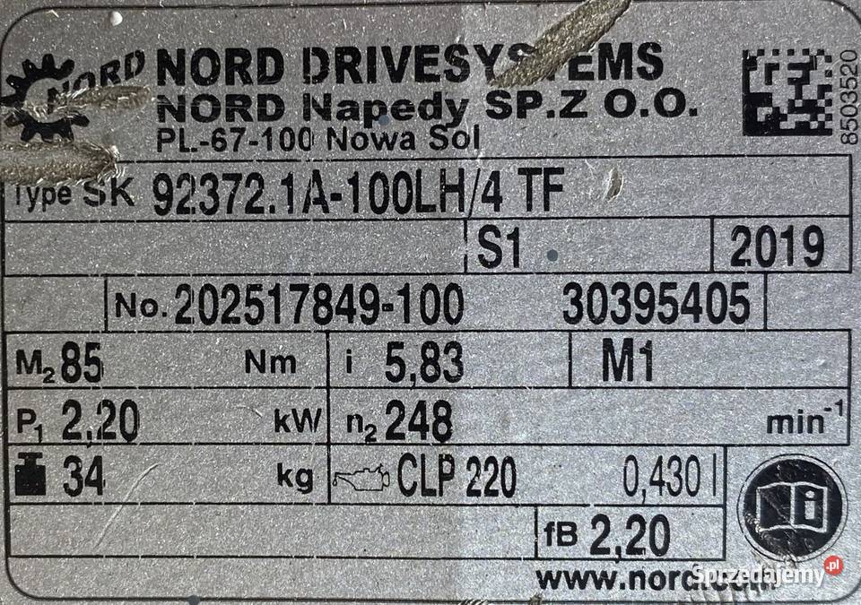 motoreduktor przekładnia 22kW 248obr NORD Pigża