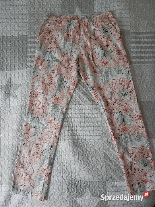 Spodnie Lniane Len Bawełna Białe Kwiaty Rozmiar 38(M) Łomża sprzedam