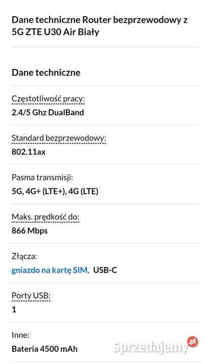 Router bezprzewodowy z 5G ZTE U30 Air Biały Biłgoraj