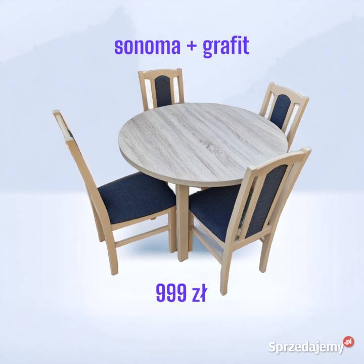 Nowe: Stół okrągły + 4 krzesła, sonoma + grafit ,dostawa PL