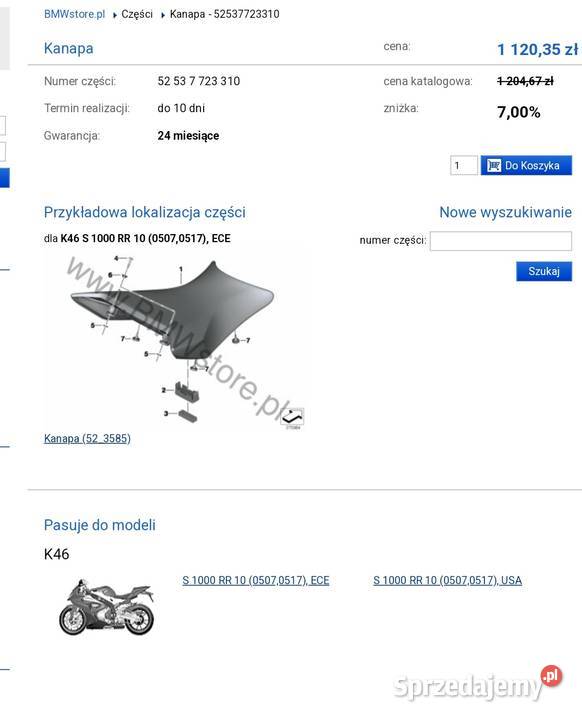 Siedzenie fotel kanapa BMW S1000RR K46 Elementy nadwozia Witowo