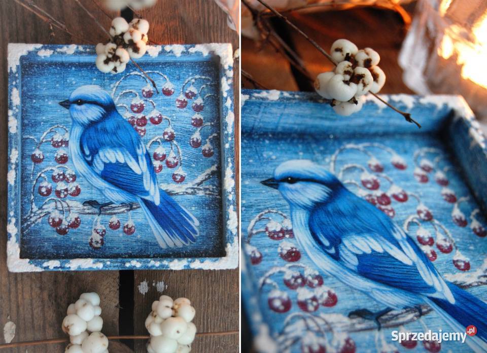 Drewniana tacka malowana ptak sikora lazurowa lubelskie Lublin