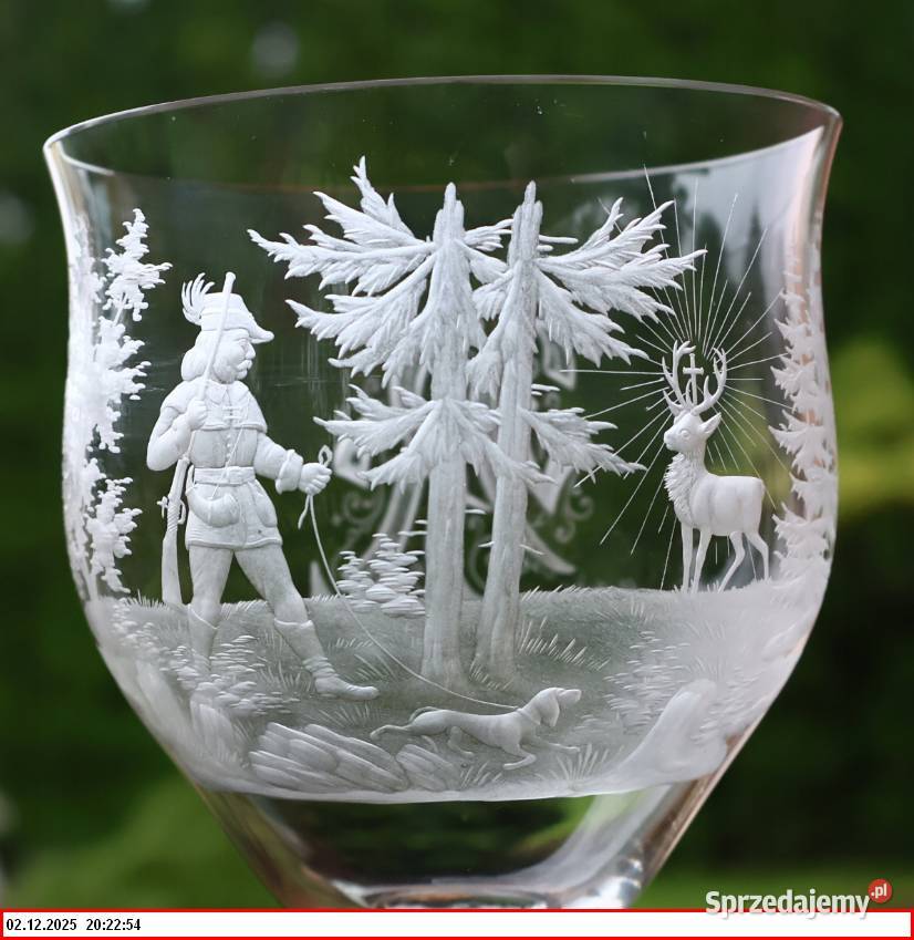 Muzealny duży 25 ozdobny pokal temat myśliwski Porcelana i szkło Zgorzelec