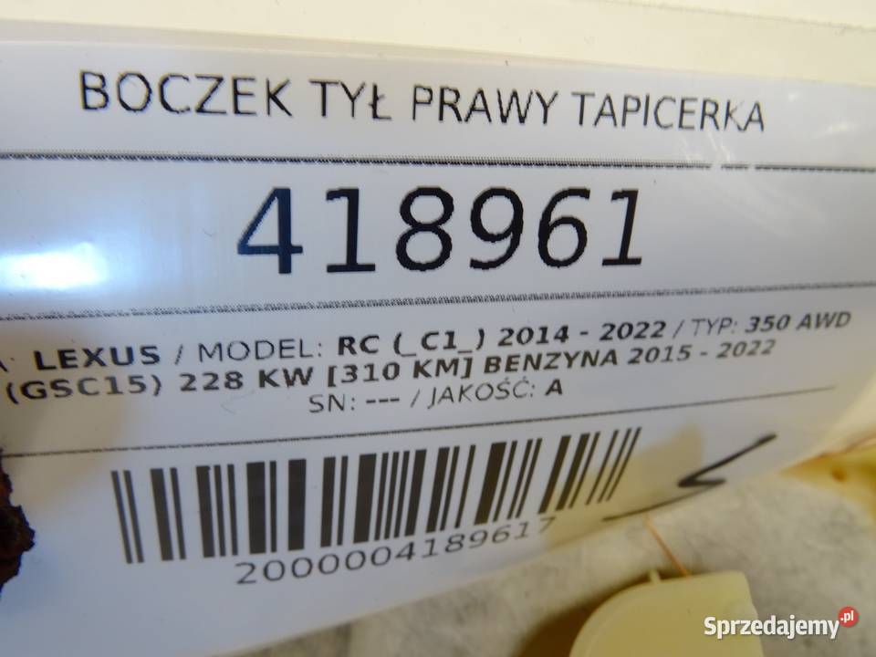 BOCZEK TYŁ PRAWY TAPICERKA LEXUS RC podkarpackie