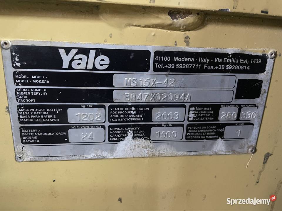 Wózek podnośnikowy yale ms 15x małopolskie Roztoka-Brzeziny sprzedam