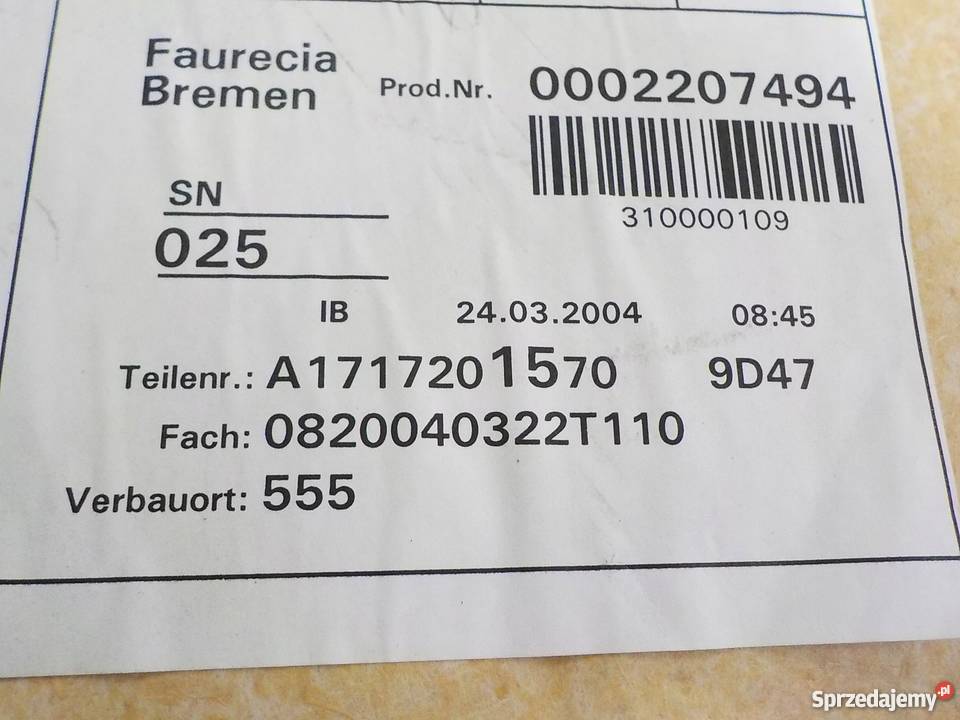 BOCZEK TAPICERKA DRZWI PRZÓD PL MERCEDES W171 Nowy Tomyśl
