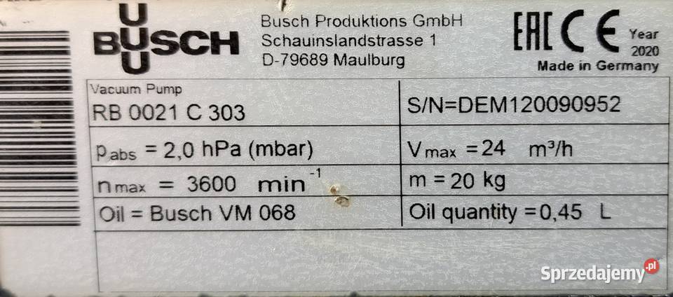 Pompa Próżniowa BUSCH RB0021 C303 wielkopolskie Pleszew
