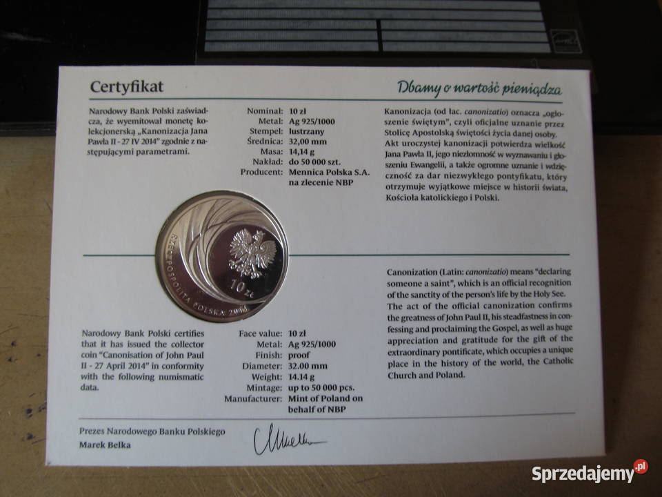 10 Kanonizacja Jana Pawła II srebro mennicza Lublin sprzedam