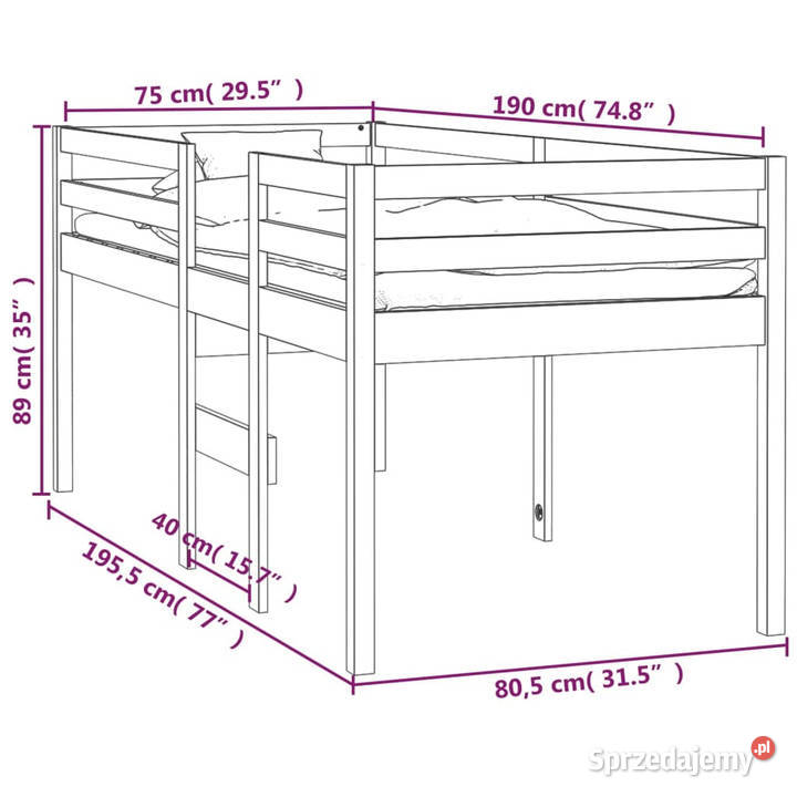 Wysokie łóżko lite drewno sosnowe 75x190