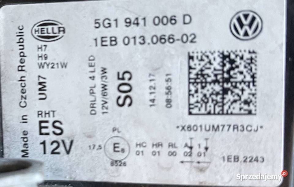 VW GOLF 7 PRAWA LAMPA PRZÓD ZWYKŁA LED Ostroróg sprzedam