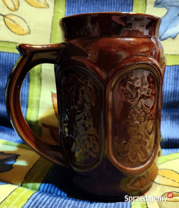Gliniany ozdobny kufel do piwa retro vintage PRL lubelskie