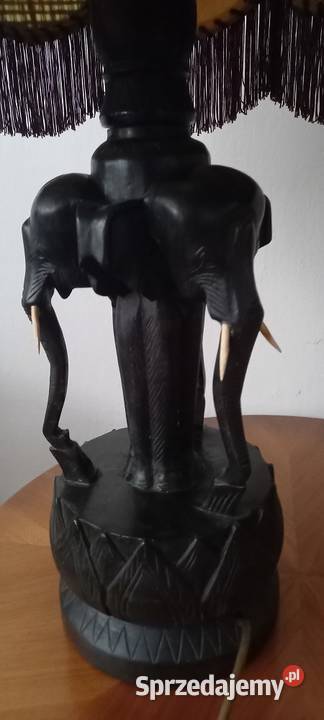 Drewniana rzeźbiona lampa Trzy słonie skórzany Antyki Skierniewice