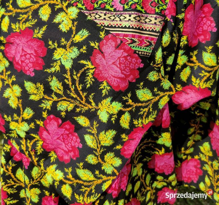 Czarna tunika folk XXL 44 bawełna kwiaty róże Szczecin