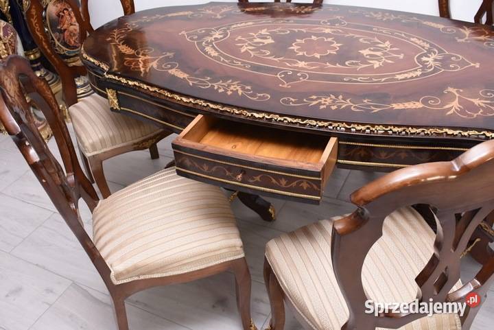 Okrągły Stół 6 Krzesła Intarsje Styl Ludwikowski Kraków