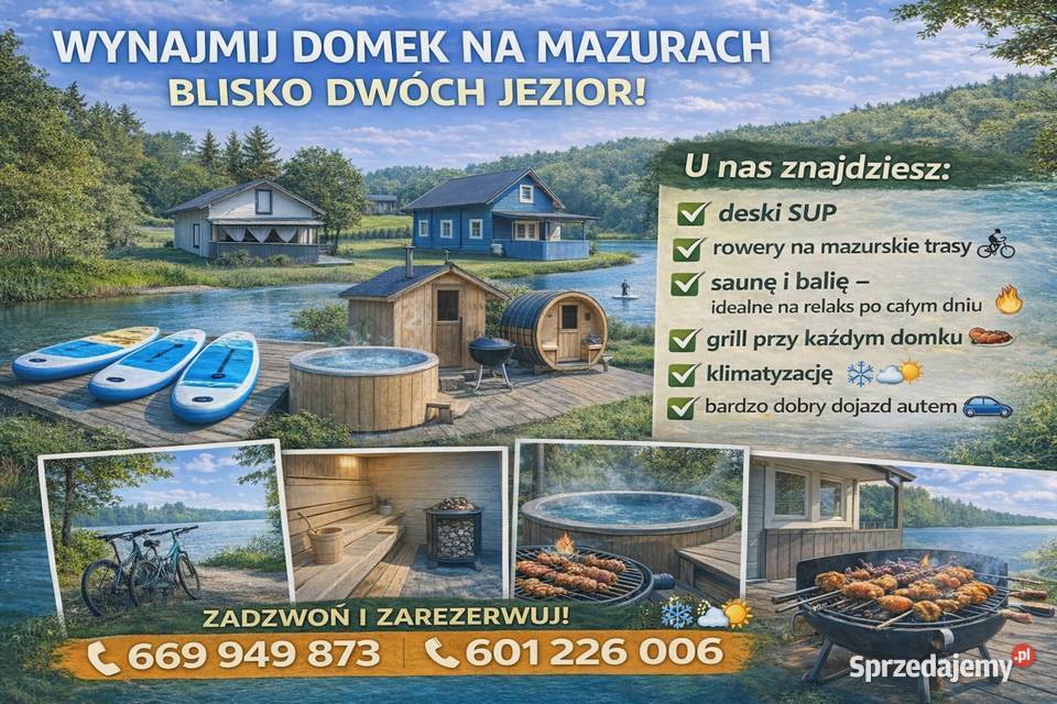 Wynajem domków Mazury Sauna rowery SUP grill warmińsko-mazurskie Mrągowo